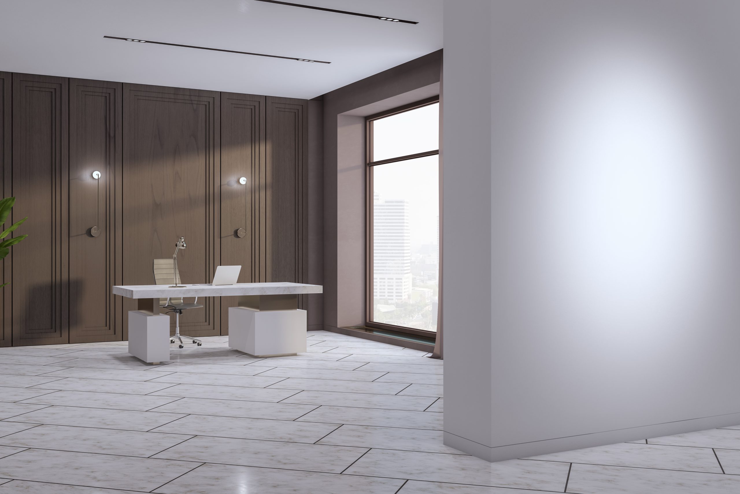 Modern wooden and tile office interior with empty mock up place on wall, furniture and equipment, window with city view and curtain. 3D Rendering.